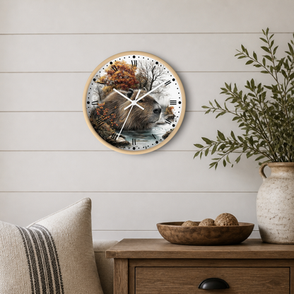 Round wall clock with a natural wood frame and a detailed capybara illustration on the face, styled on a white shiplap wall above a wooden side table with a vase and bowl.