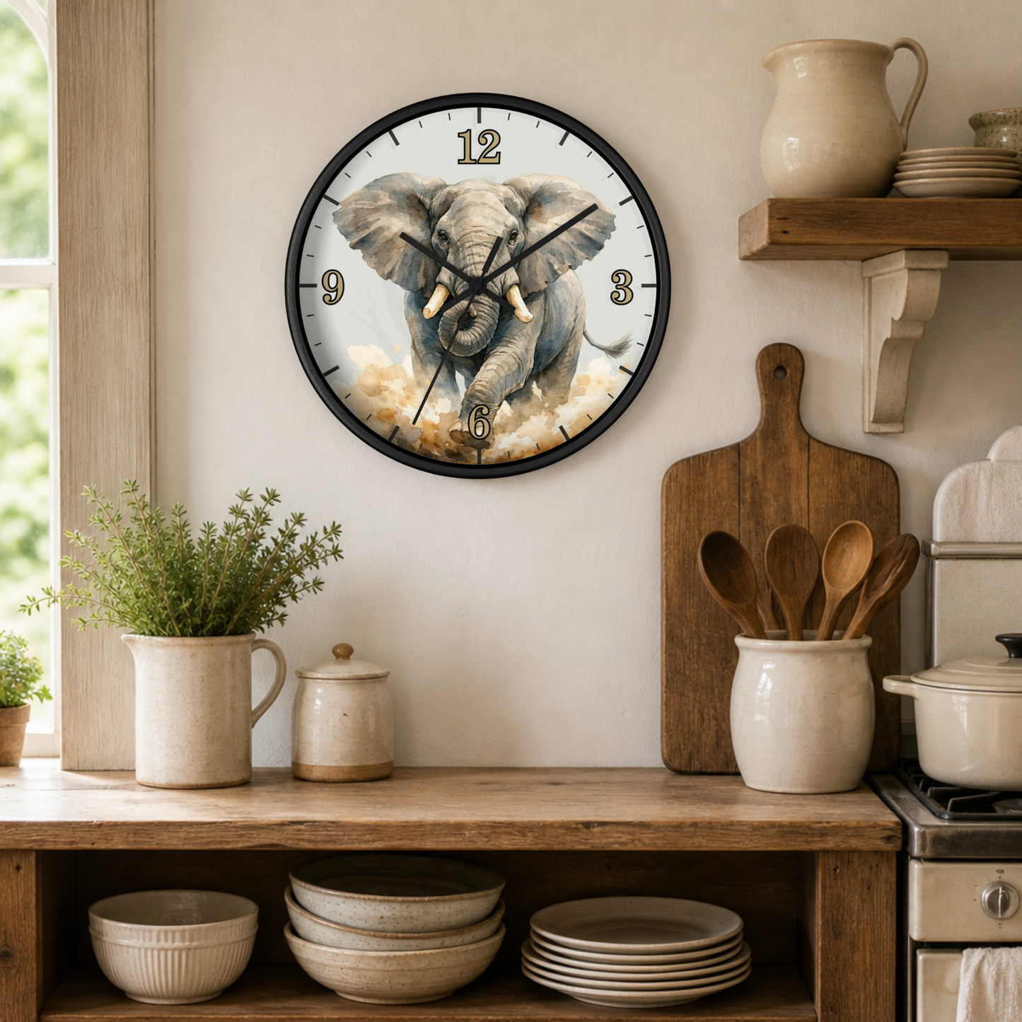 A round wall clock with a black frame hangs on a beige wall in a rustic kitchen setting. The clock face features a detailed illustration of a gray elephant standing on clouds.