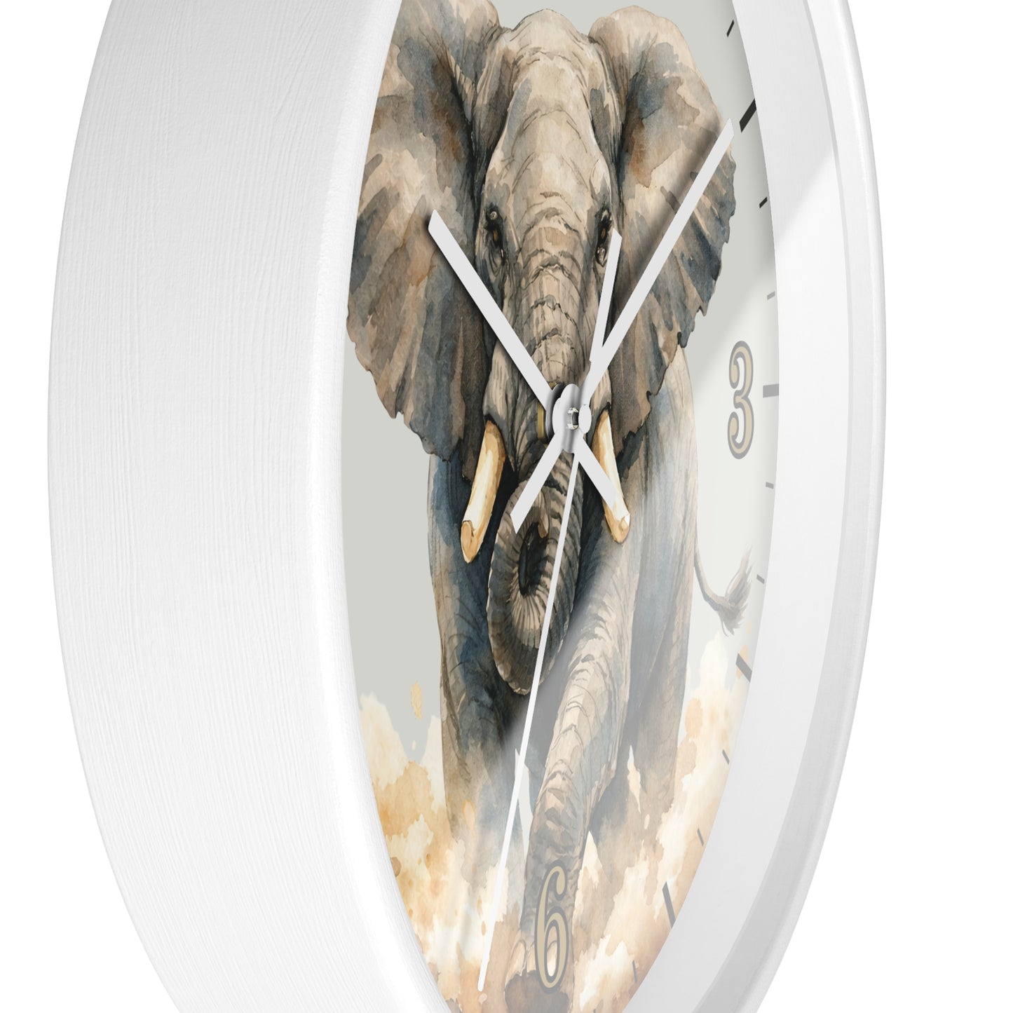 A white round wall clock featuring a painted gray elephant with ivory tusks on the face, with white hands and black numerals.