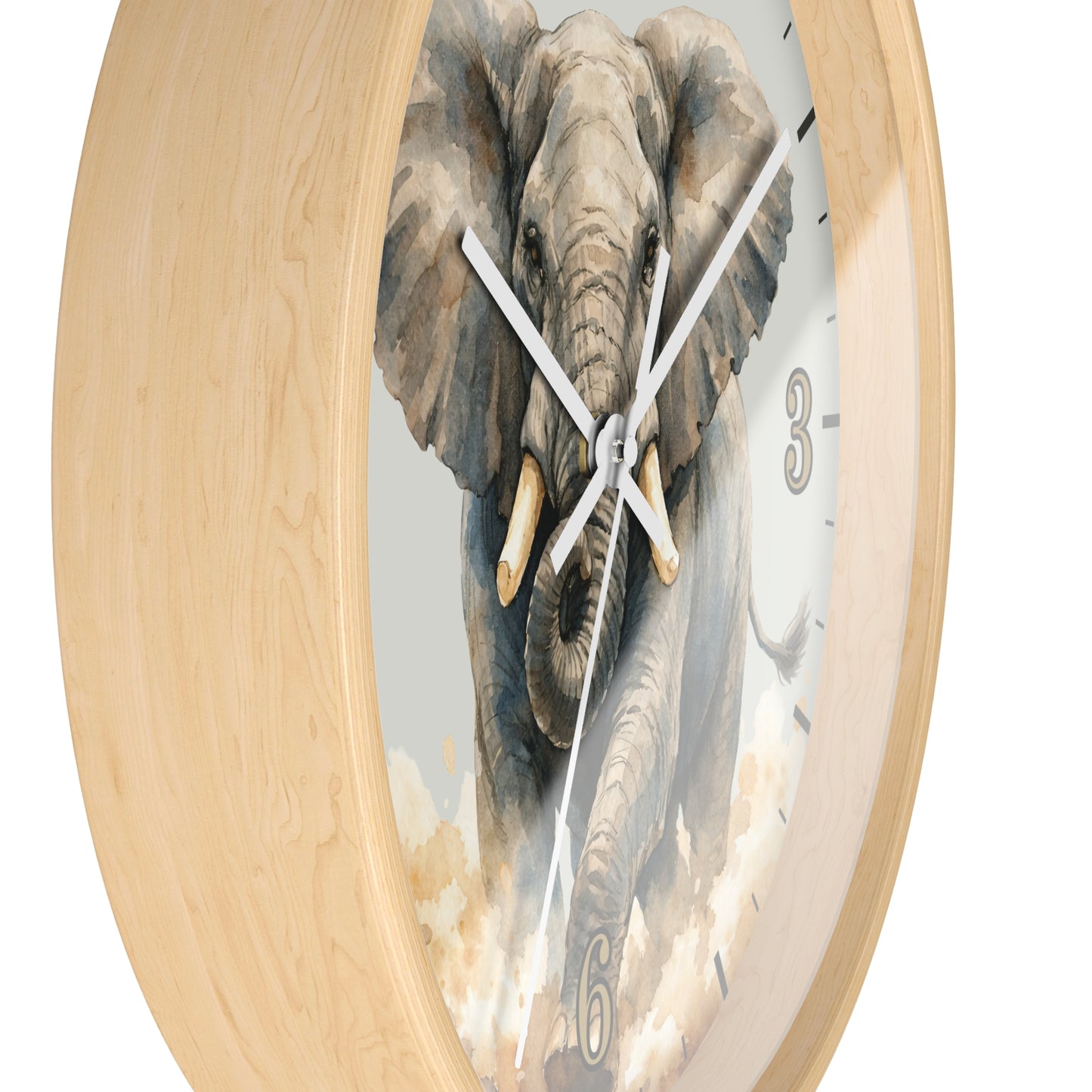Round wall clock with a light natural wood frame and a printed elephant face design on the face, with white hands and black numerals.