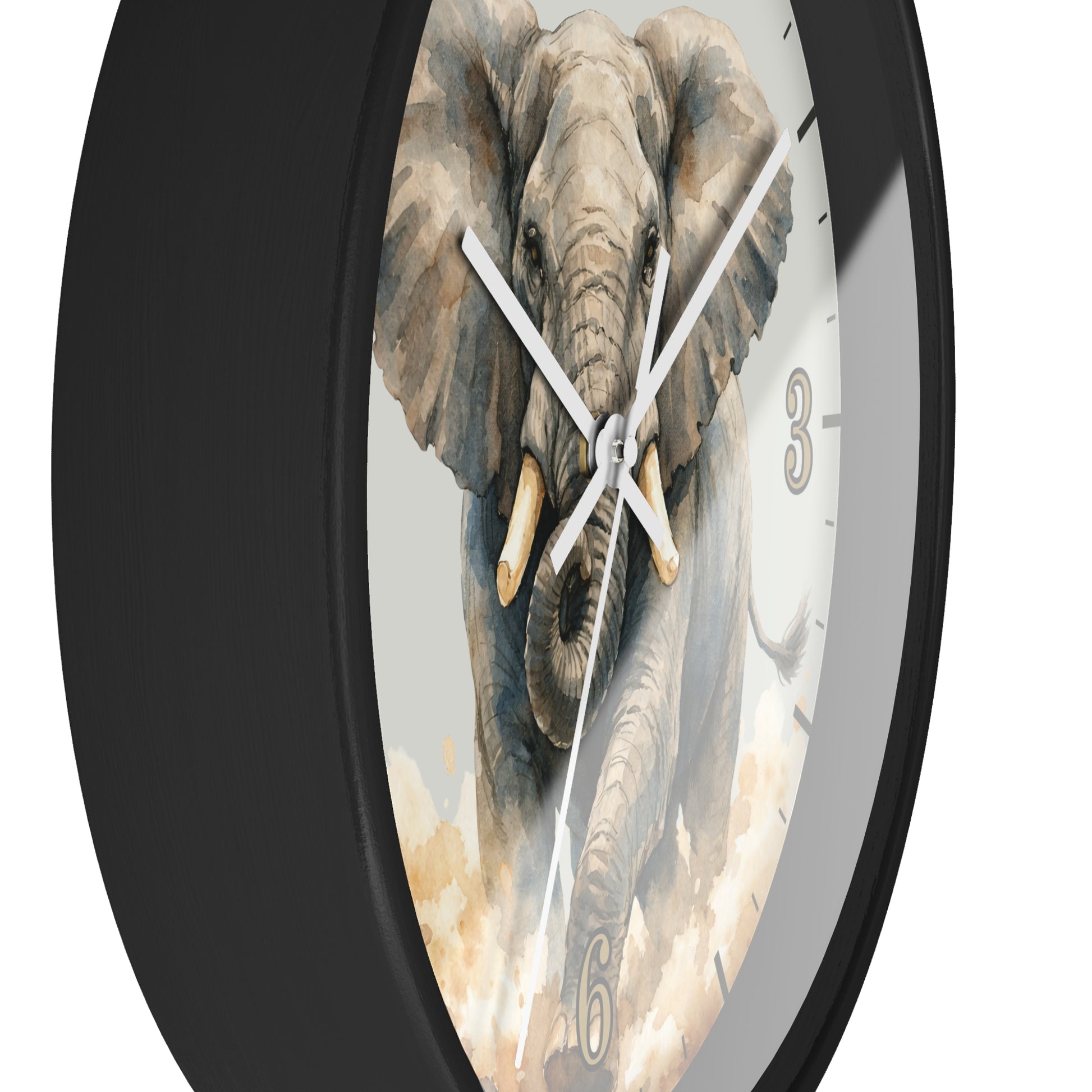 A round wall clock with a black frame and a printed elephant face design on the dial, shown against a plain white background.