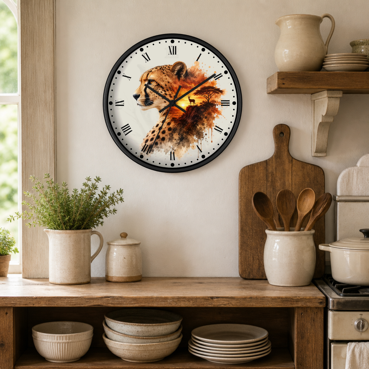 A round wall clock with a black frame and a watercolor-style cheetah illustration on the face, mounted on a beige wall in a rustic kitchen setting with wooden shelves, ceramic dishes, and plants.