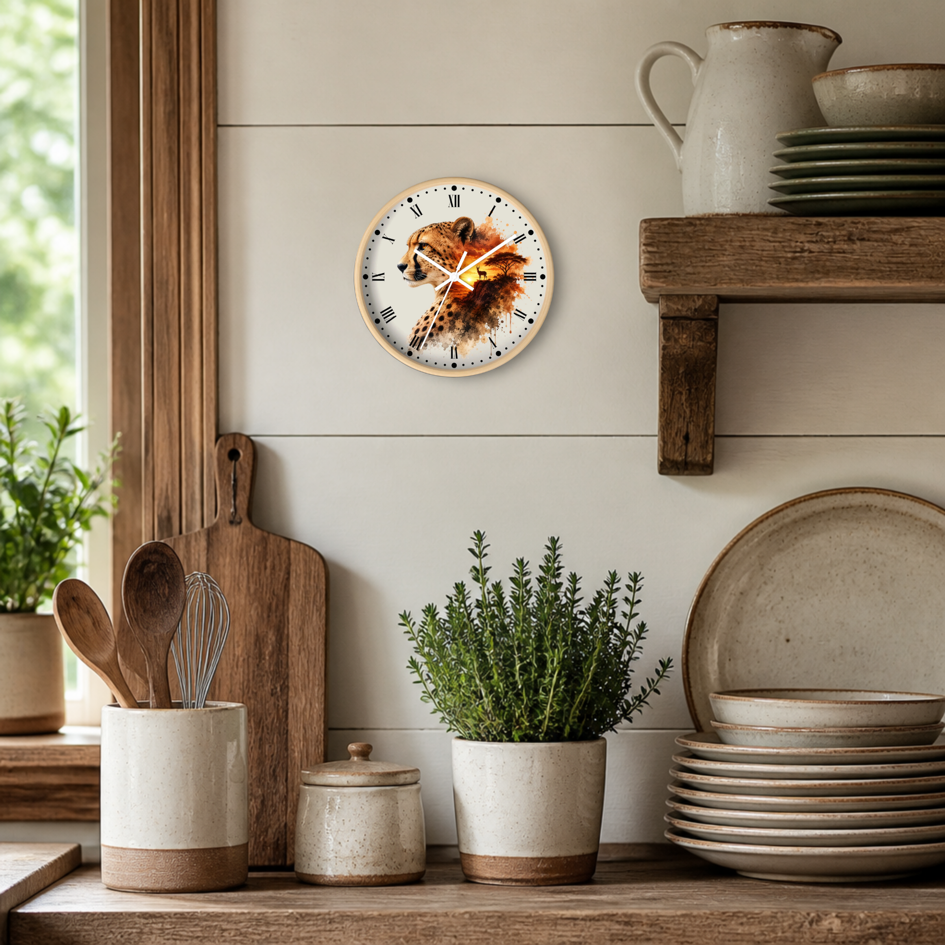 A round wall clock with a rustic wood frame and a printed cheetah illustration on the face, mounted on a white shiplap wall in a styled kitchen setting with wooden shelves, dishes, and potted plants.