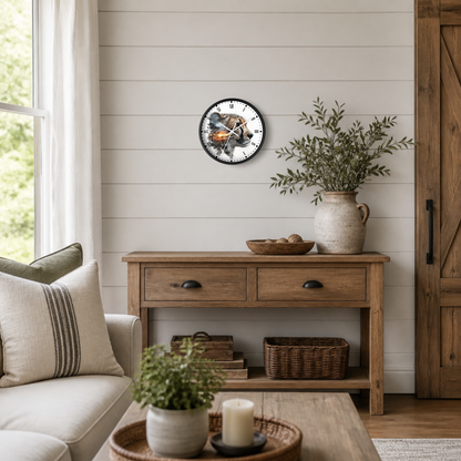 A round wall clock with a rustic illustration of a cheetah on the face, styled on a white shiplap wall above a wooden console table in a bright, modern farmhouse living room.