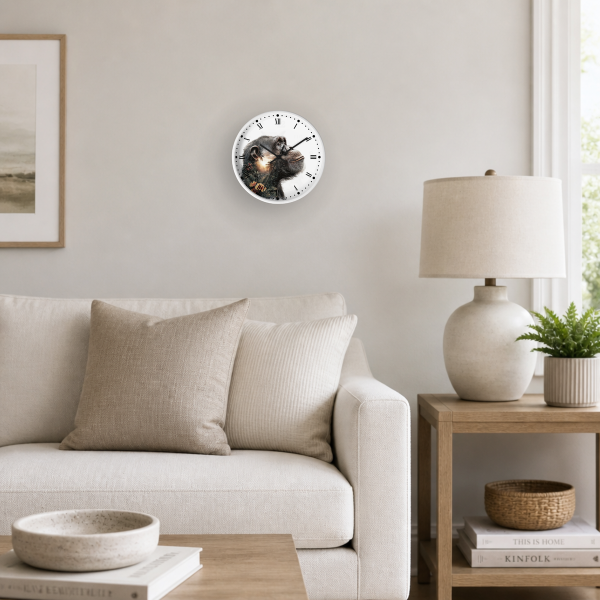 A round wall clock with a chimpanzee illustration and a glowing orange sun, mounted on a light gray wall in a modern living room setting next to a beige sofa and a wooden side table with a lamp.