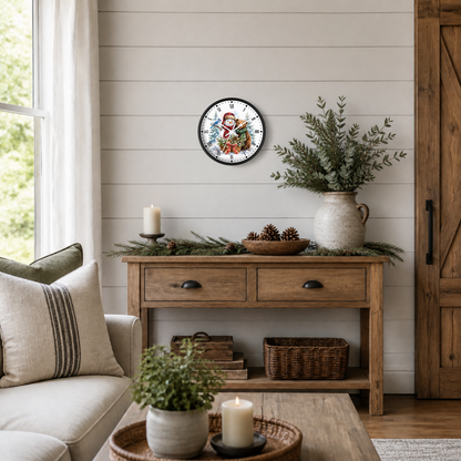 A round wall clock with a festive snowman and bear illustration and Roman numerals, styled on a shiplap wall above a rustic wooden console table in a cozy living room setting.