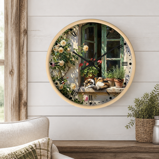 Round wall clock with a light wood frame, featuring a printed design of a cat resting on a windowsill with flowers, plants, and a green window. The clock is mounted on a white shiplap wall above a wooden mantel with a potted plant.