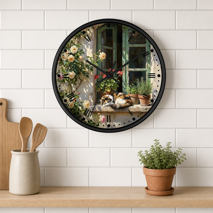 A round wall clock with a black frame and a printed design of a cat sleeping on a windowsill surrounded by flowers and potted plants, mounted on a white subway tile wall above a wooden shelf with kitchen utensils and a small potted plant.