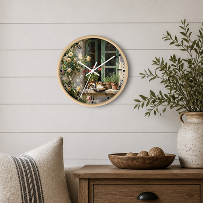 Round wall clock with a light wood frame and a printed floral cat in a window sleeping scene, mounted on a white shiplap wall above a wooden side table with a plant and decorative bowl.