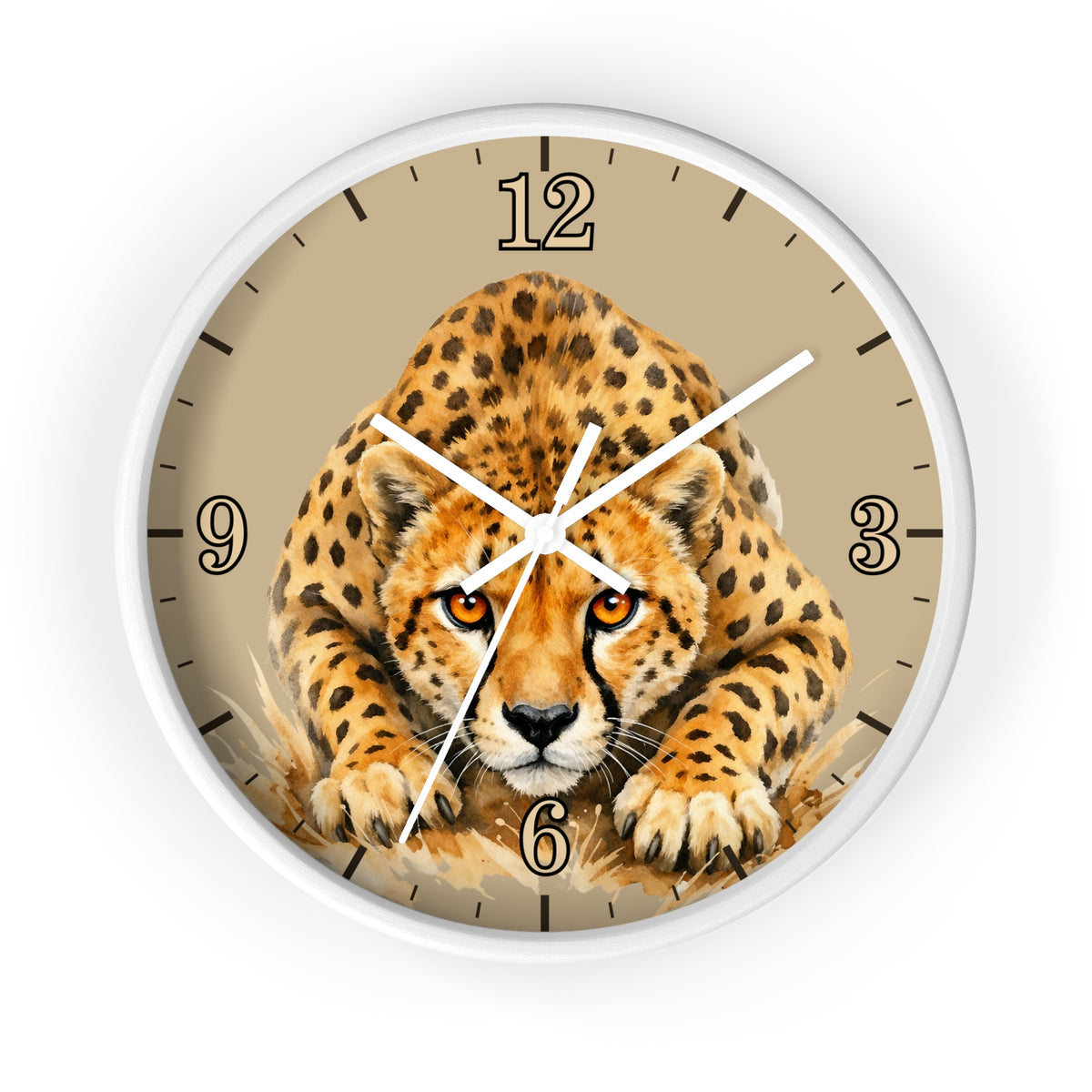 Round wall clock with a white frame and a printed cheetah illustration on a beige dial, with black numerals and white clock hands.