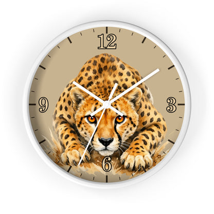 Round wall clock with a white frame and a printed cheetah illustration on a beige dial, with black numerals and white clock hands.