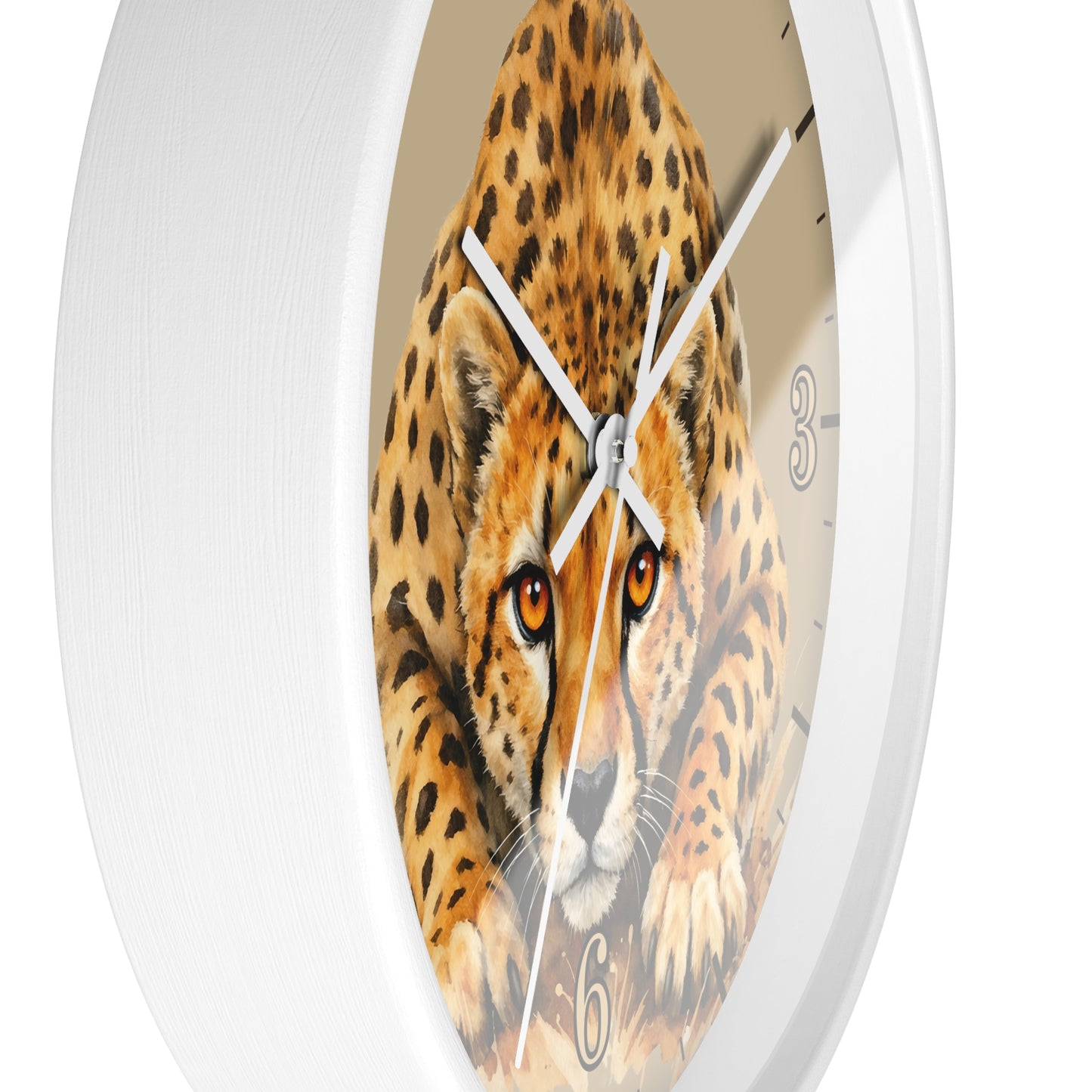 Round wall clock with a white frame and a printed cheetah face in the center, with white clock hands and partial black numerals visible.