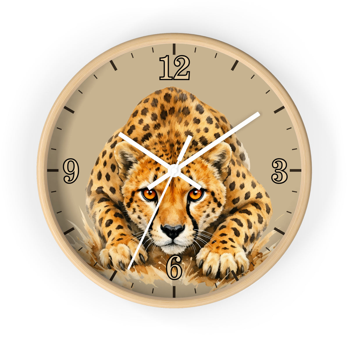 Round wall clock with a light wood frame and a beige dial featuring a detailed illustration of a cheetah. The clock has black Arabic numerals and black hour markers, with white clock hands.