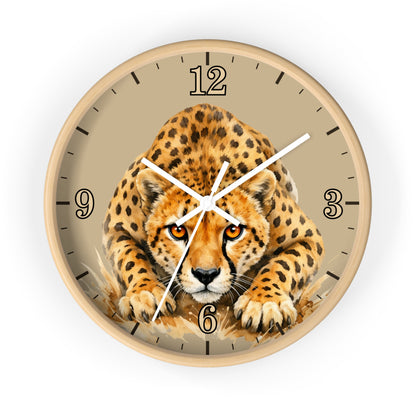 Round wall clock with a light wood frame and a beige dial featuring a detailed illustration of a cheetah. The clock has black Arabic numerals and black hour markers, with white clock hands.