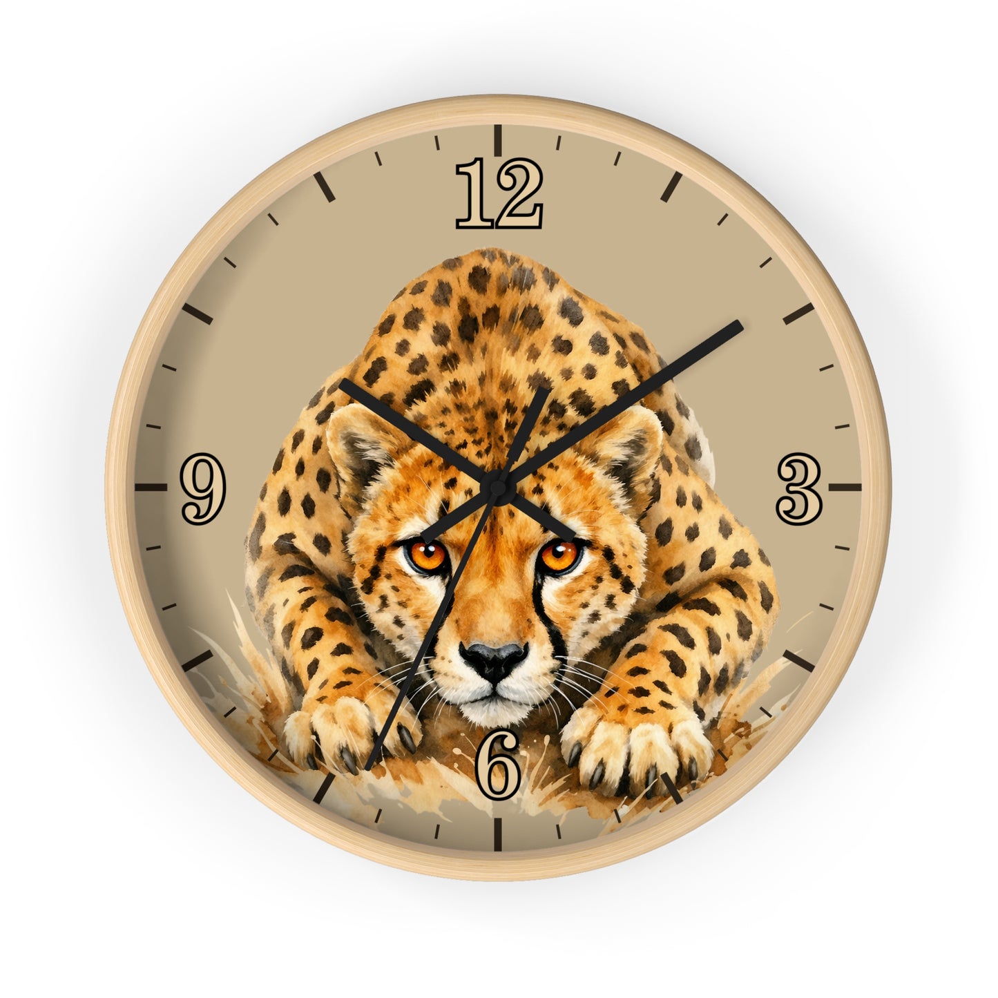 Round wall clock with a natural wood frame and a printed cheetah illustration on the face, with black numerals and hands on a light beige background.