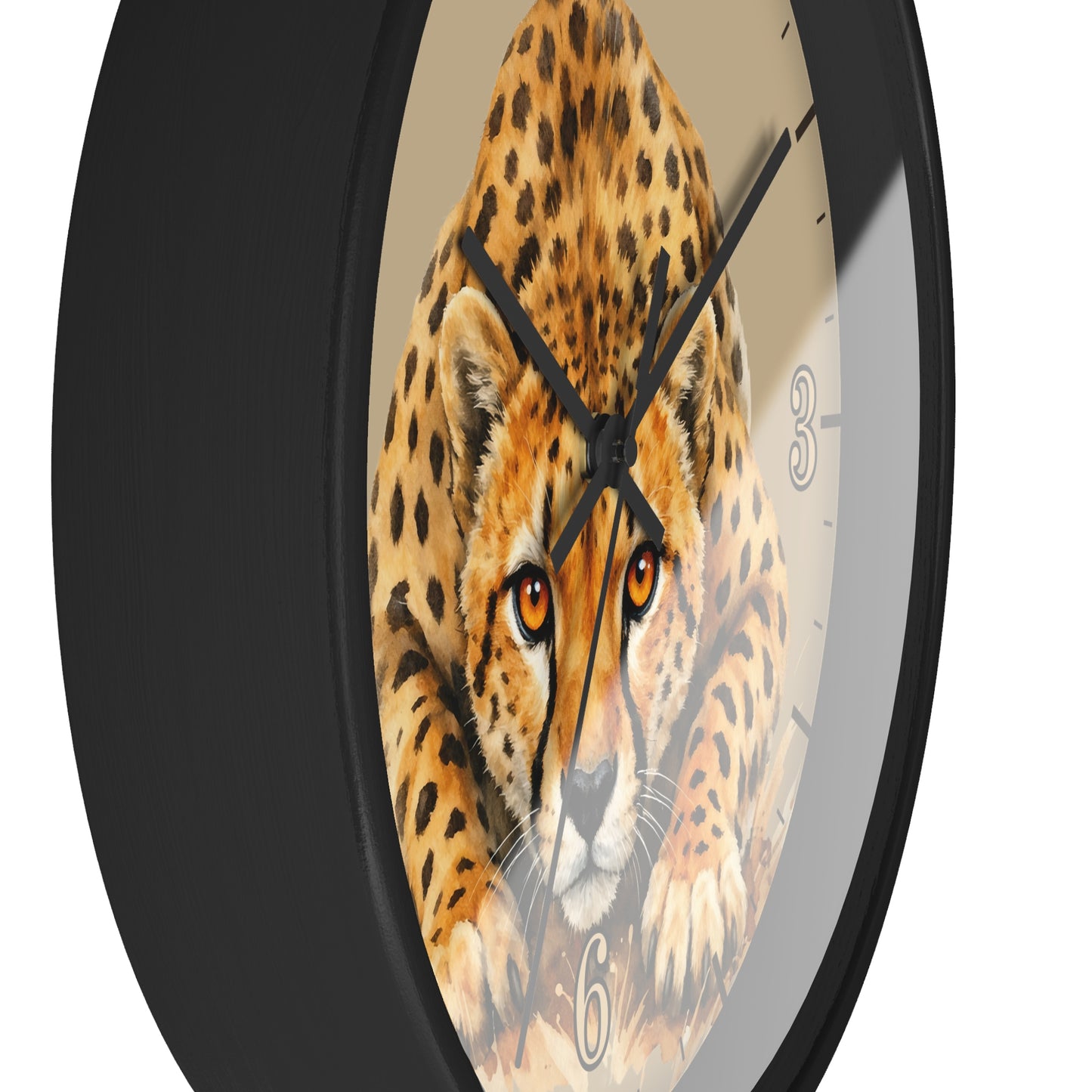 A round wall clock with a black frame and a printed cheetah face on the dial, with black hands and partial numerals visible against a white background.