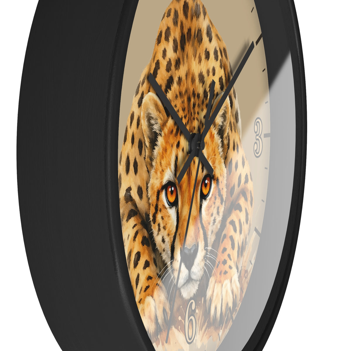 A round wall clock with a black frame and a printed cheetah face on the dial, with black hands and partial numerals visible against a white background.