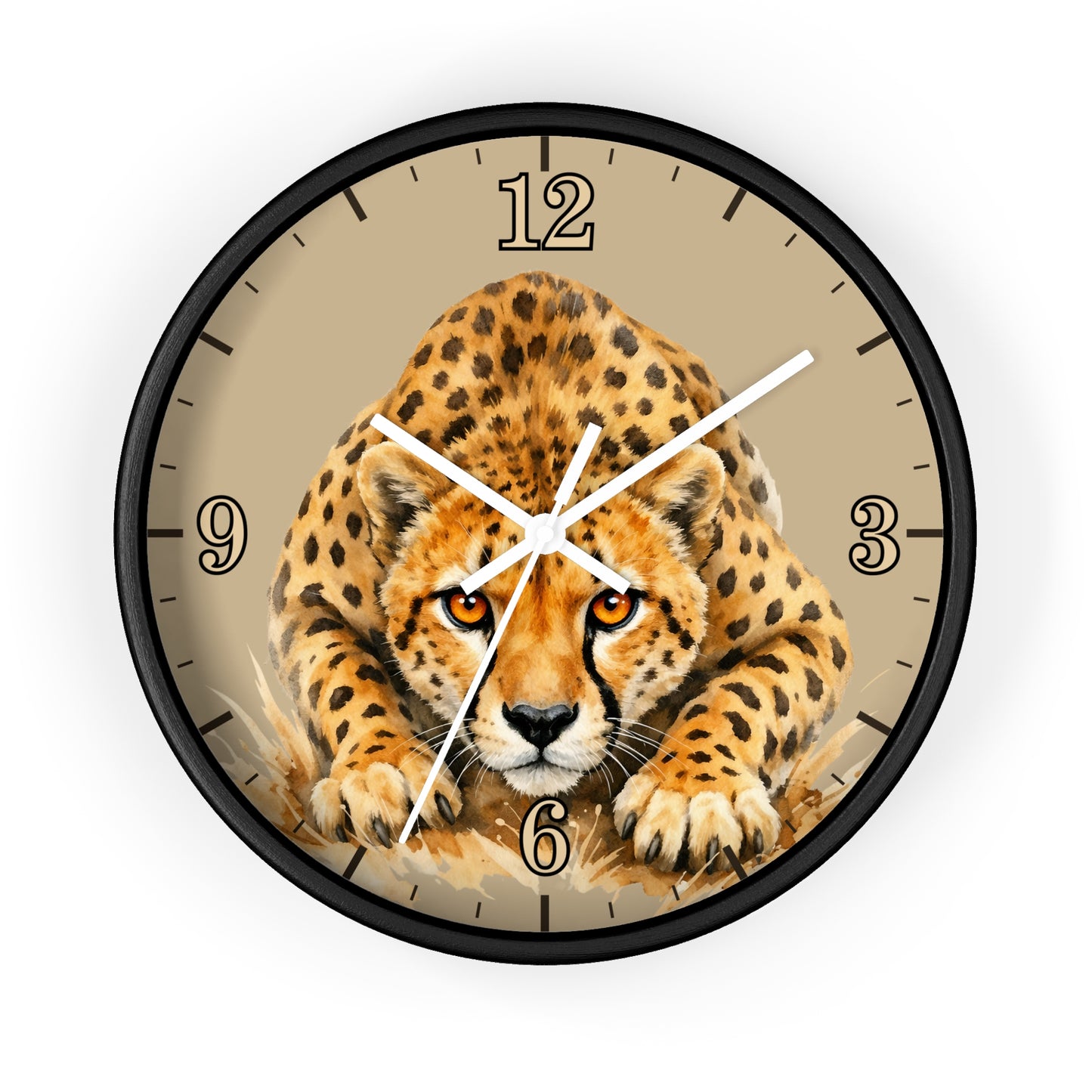 Round wall clock with a black frame and a printed cheetah illustration on the face, with black Arabic numerals and white clock hands on a light beige background.