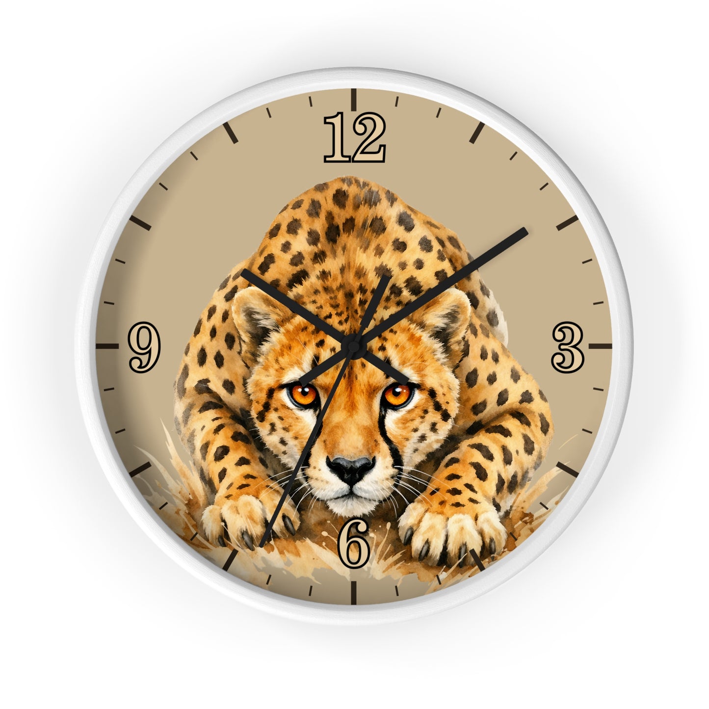 Round wall clock with a white frame and a printed cheetah illustration on the face, with black numerals and hands on a light beige background.