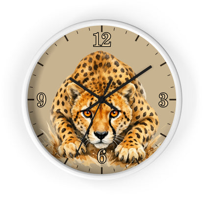 Round wall clock with a white frame and a printed cheetah illustration on the face, with black numerals and hands on a light beige background.