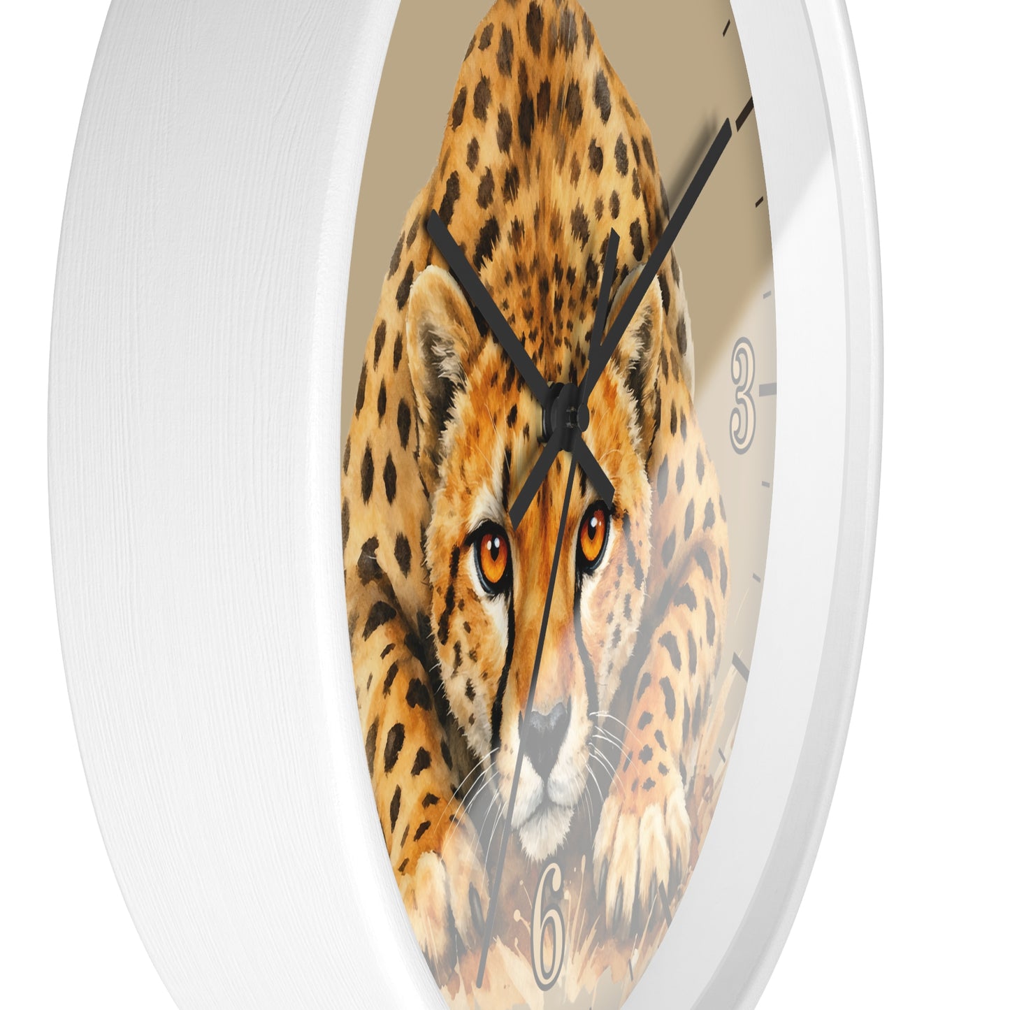 Round wall clock with a white frame and a printed cheetah face in the center, with black hands and partial black numerals visible on a light beige dial.