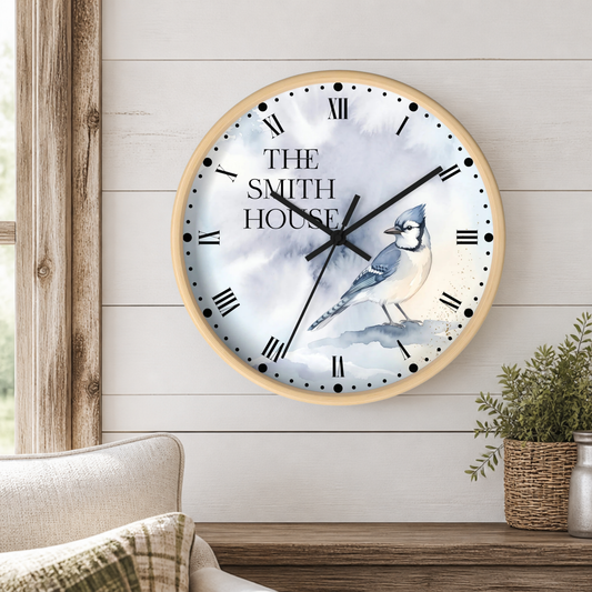 Custom Blue Jay Wall Clock — Watercolor Bird Decor
