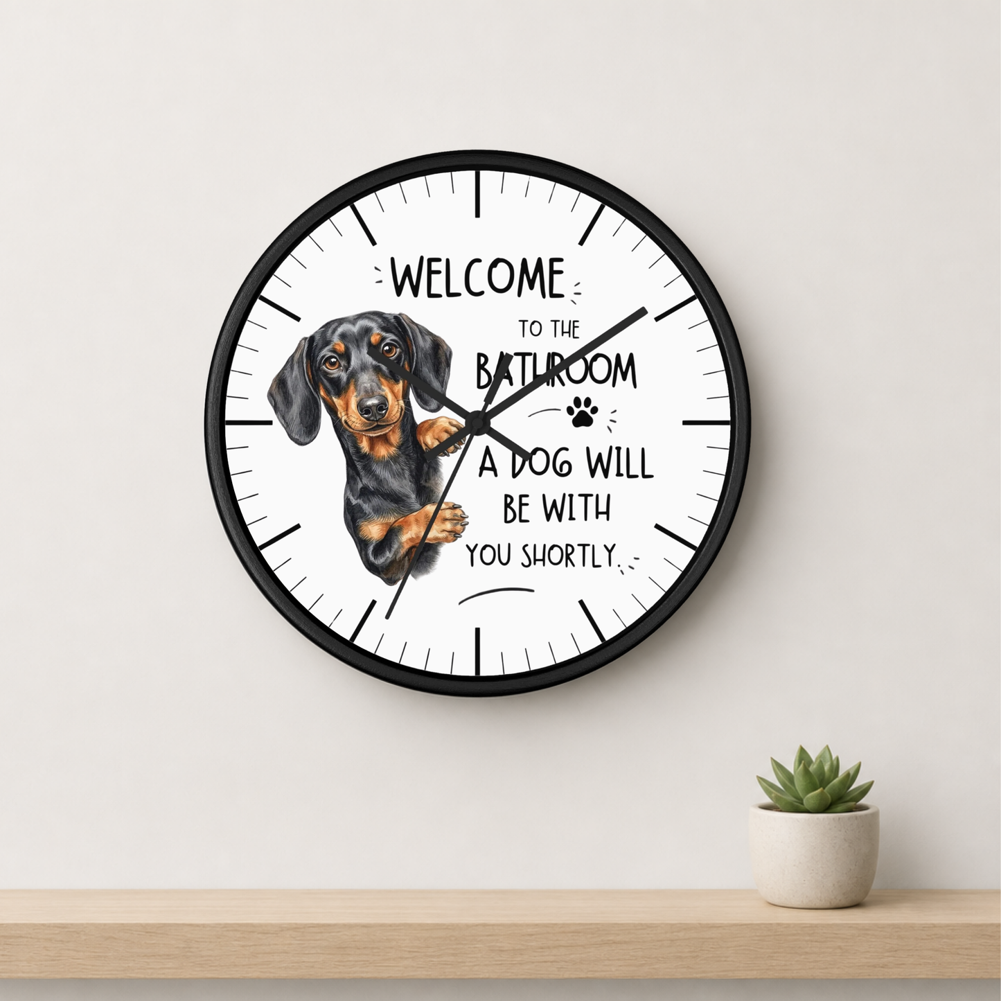 Peeking Dachshund Bathroom Wall Clock — Funny Dog Will Be With You Shortly