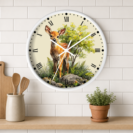 A round wall clock with a white frame hangs on a white subway-tile wall above a wooden shelf. The clock face features a watercolor-style illustration of a brown deer standing among green foliage and rocks on a cream background.