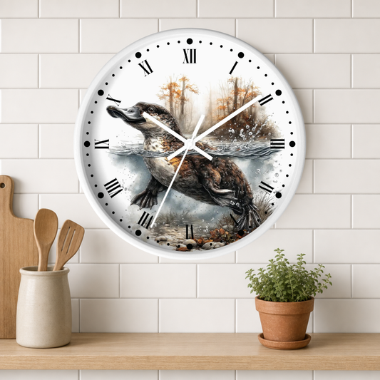 A round wall clock with a white frame and Roman numerals, featuring a printed illustration of a duckbill platypus hunting in a snowy forest. The clock is mounted on a white subway tile wall above a wooden shelf with kitchen utensils and a potted plant.