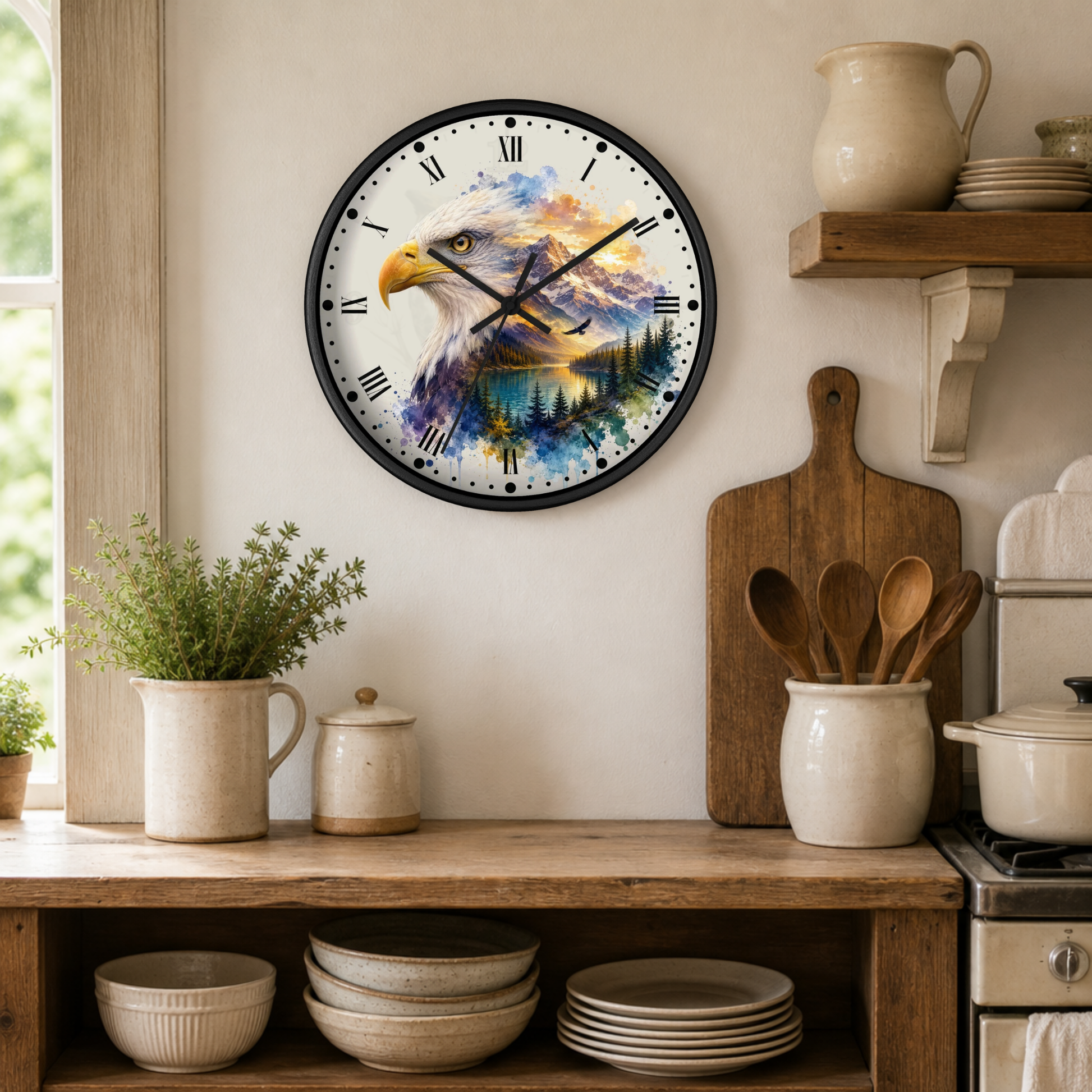 A round wall clock with a black frame hangs on a beige wall in a rustic kitchen setting. The clock face features a colorful painted bald eagle head with a mountain and forest landscape design.