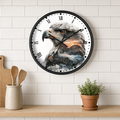 A round wall clock with a black frame and a printed design of a bald eagle over mountains and clouds, mounted on a white subway tile wall above a wooden shelf with kitchen utensils and a potted plant.