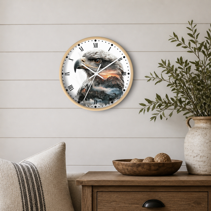 Round wall clock featuring a detailed painting of a bald eagle over a mountain landscape, styled on a light wood-paneled wall above a wooden side table with a plant and decorative bowl.