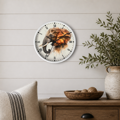 A round wall clock with a white frame and a printed elephant face design in warm earthy tones, mounted on a light wood shiplap wall above a wooden side table with a plant and bowl.