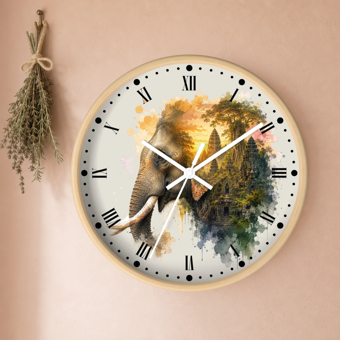 Elephant Temple Wall Clock — Watercolor Safari Home Decor