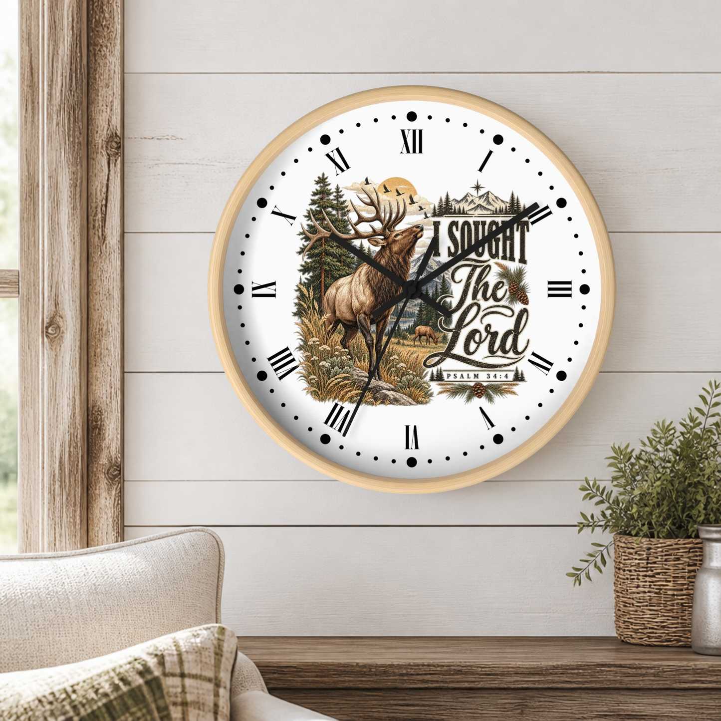 Rustic Elk Wall Clock – “I Sought The Lord” Psalm 34:4 Christian Home Decor