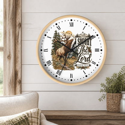 Rustic Elk Wall Clock – “I Sought The Lord” Psalm 34:4 Christian Home Decor