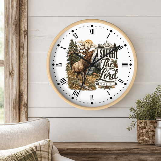 Rustic Elk Wall Clock – “I Sought The Lord” Psalm 34:4 Christian Home Decor