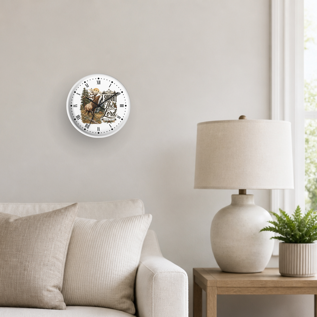 Rustic Elk Wall Clock – “I Sought The Lord” Psalm 34:4 Christian Home Decor