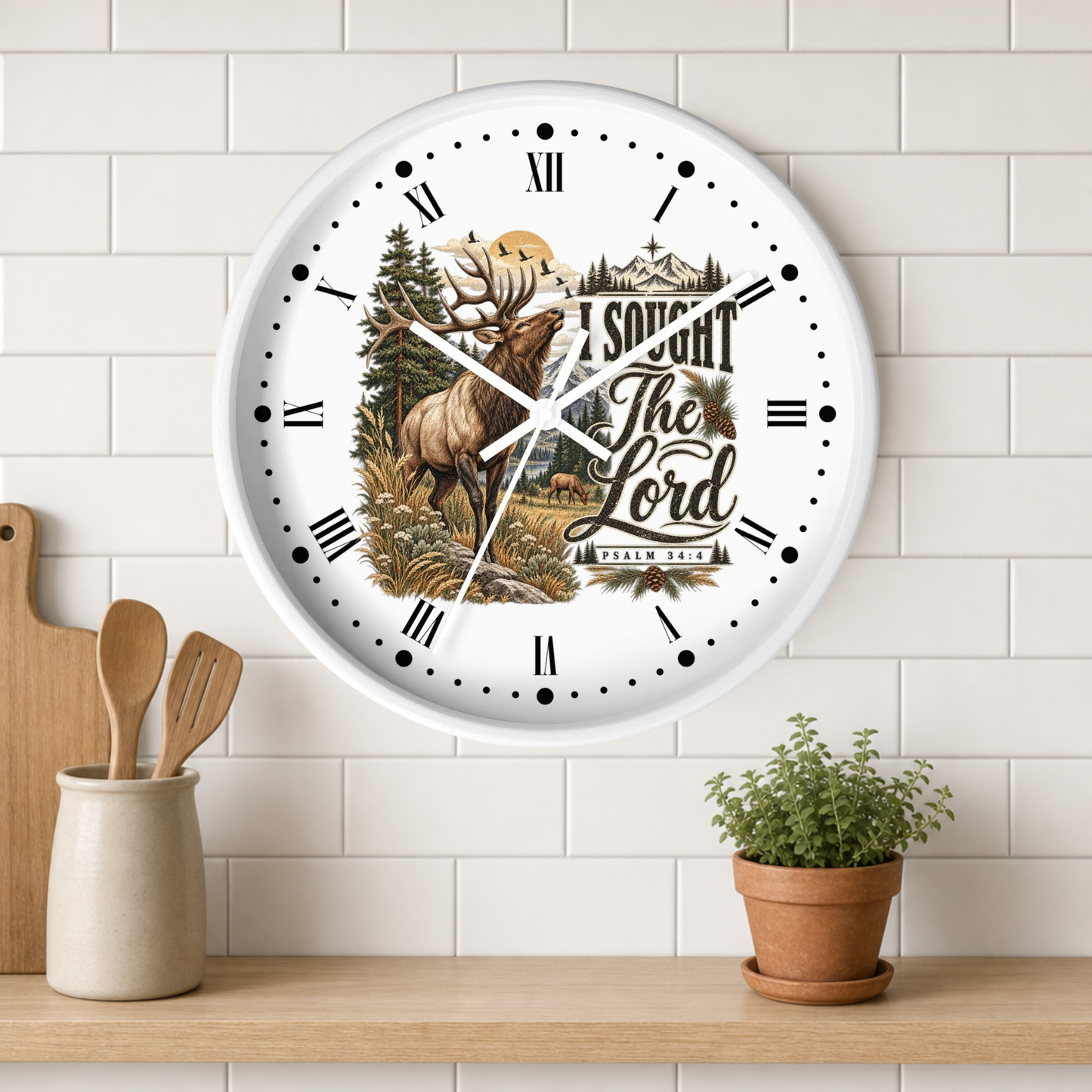Rustic Elk Wall Clock – “I Sought The Lord” Psalm 34:4 Christian Home Decor