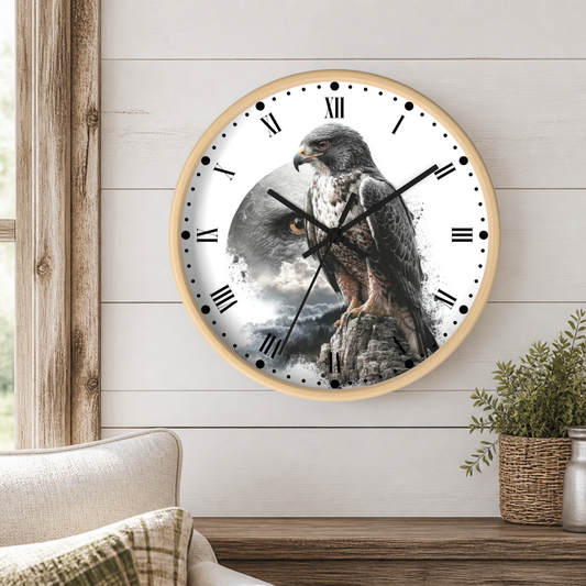 A round wall clock with a light wood frame hangs on a white shiplap wall above a wooden table. The clock face features a detailed graphic of a hawk perched on a rock, with black Roman numerals and black clock hands.