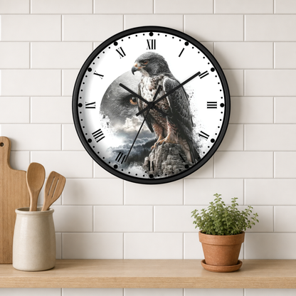 A round wall clock with a black frame and a printed design of a large falcon perched on a rock against a cloudy sky, mounted on a white subway-tile wall above a wooden shelf with kitchen utensils and a potted plant.
