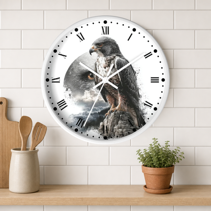 A round wall clock with a white frame and Roman numerals, featuring a printed design of a large bird of prey perched on a rock against a stormy sky. The clock is mounted on a white subway-tile wall above a wooden shelf with kitchen utensils and a small potted plant.