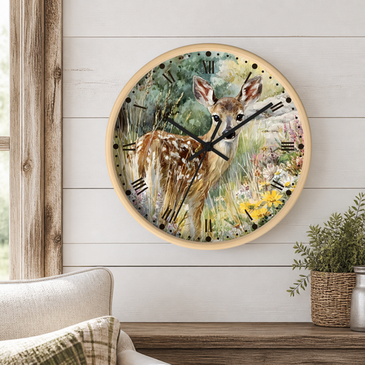 Round wall clock with a light wood frame and a watercolor-style deer illustration on the face, mounted on a white shiplap wall above a wooden mantel with a plant and part of a sofa visible.