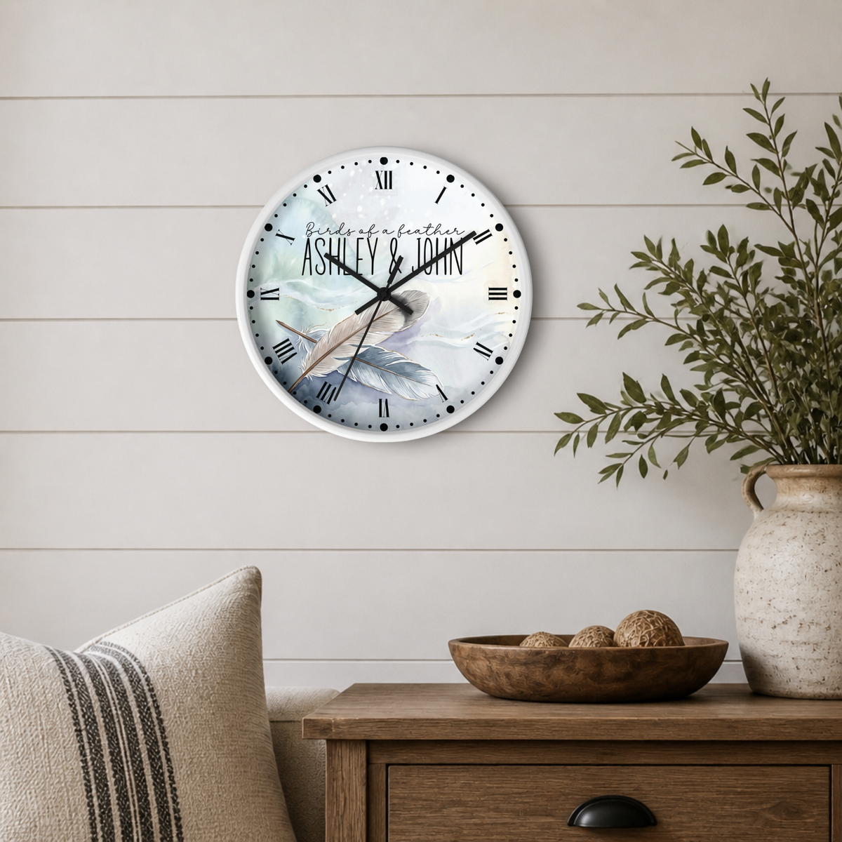 Feathered Romance Couples Wall Clock — Personalized Newly Wed Gift