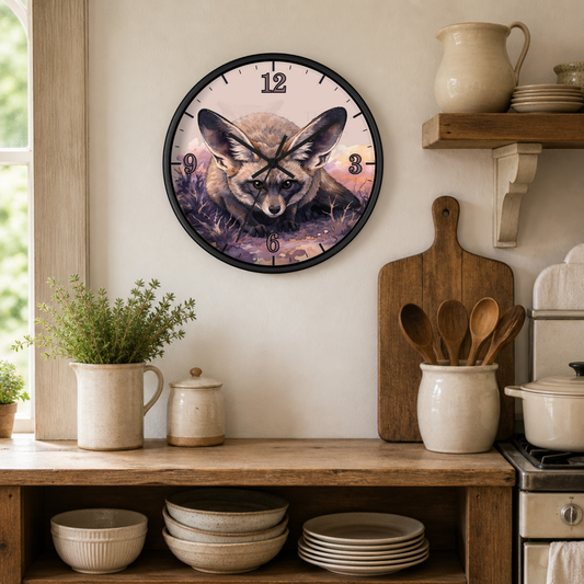 A round wall clock with a black frame hangs on a beige kitchen wall above a wooden shelf. The clock face features a detailed illustration of a fennec fox in front of a purple and pink sky.