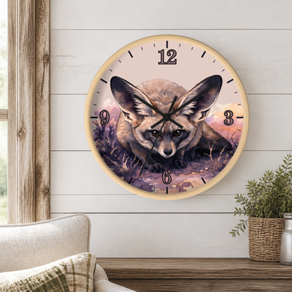 A round wall clock with a light wood frame hangs on a white shiplap wall above a wooden mantel. The clock face features a detailed illustration of a large-eared fox in a field at dusk, with black Arabic numerals and black clock hands.
