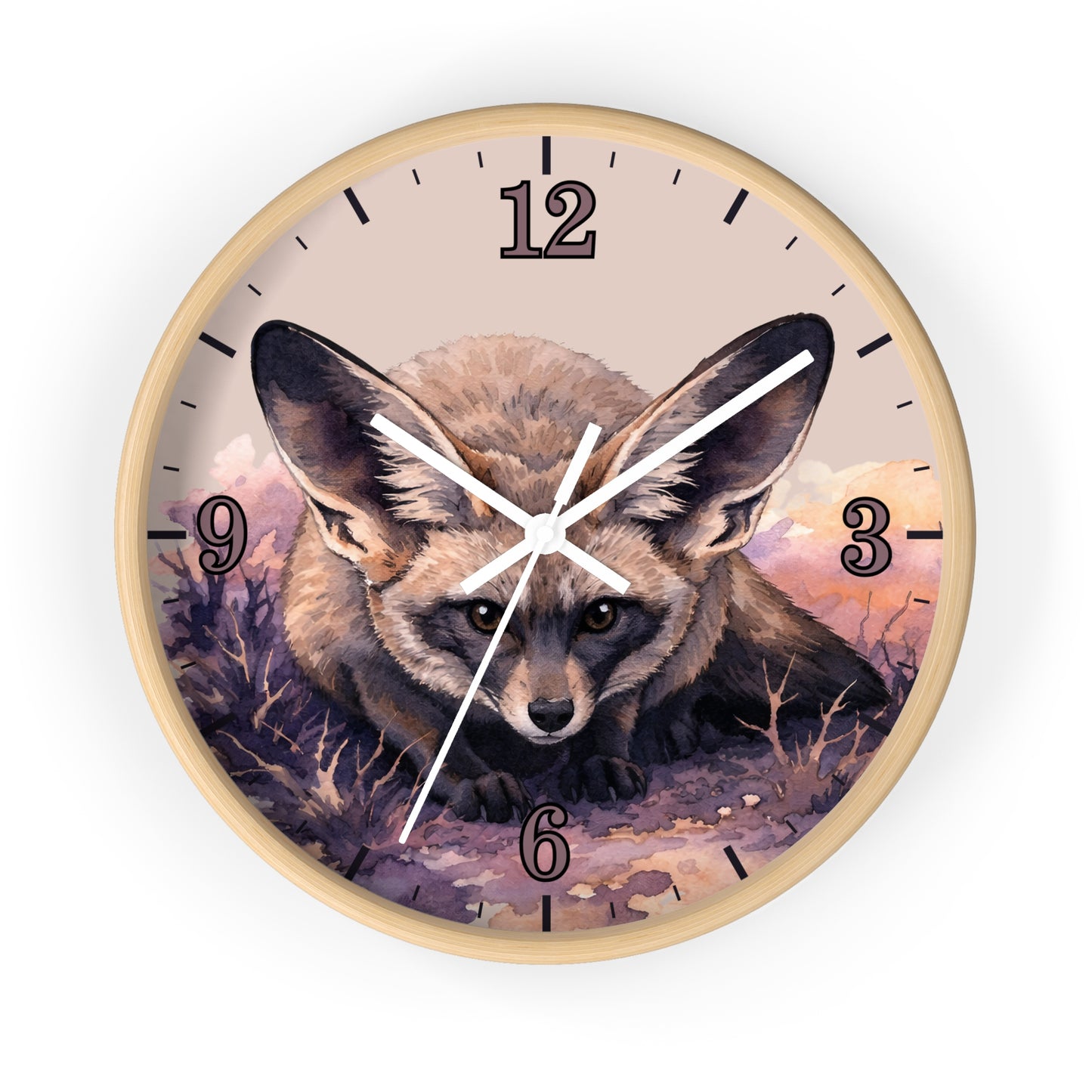 Round wall clock with a light wood frame and a printed fox illustration on the face, with black Arabic numerals and white clock hands on a white background.