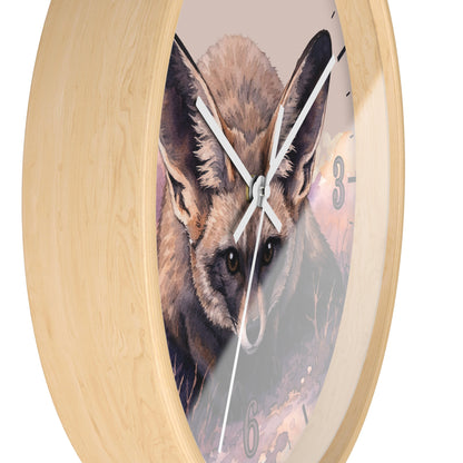Round wall clock with a light natural wood frame and a printed fox face on the dial, shown against a plain white background.