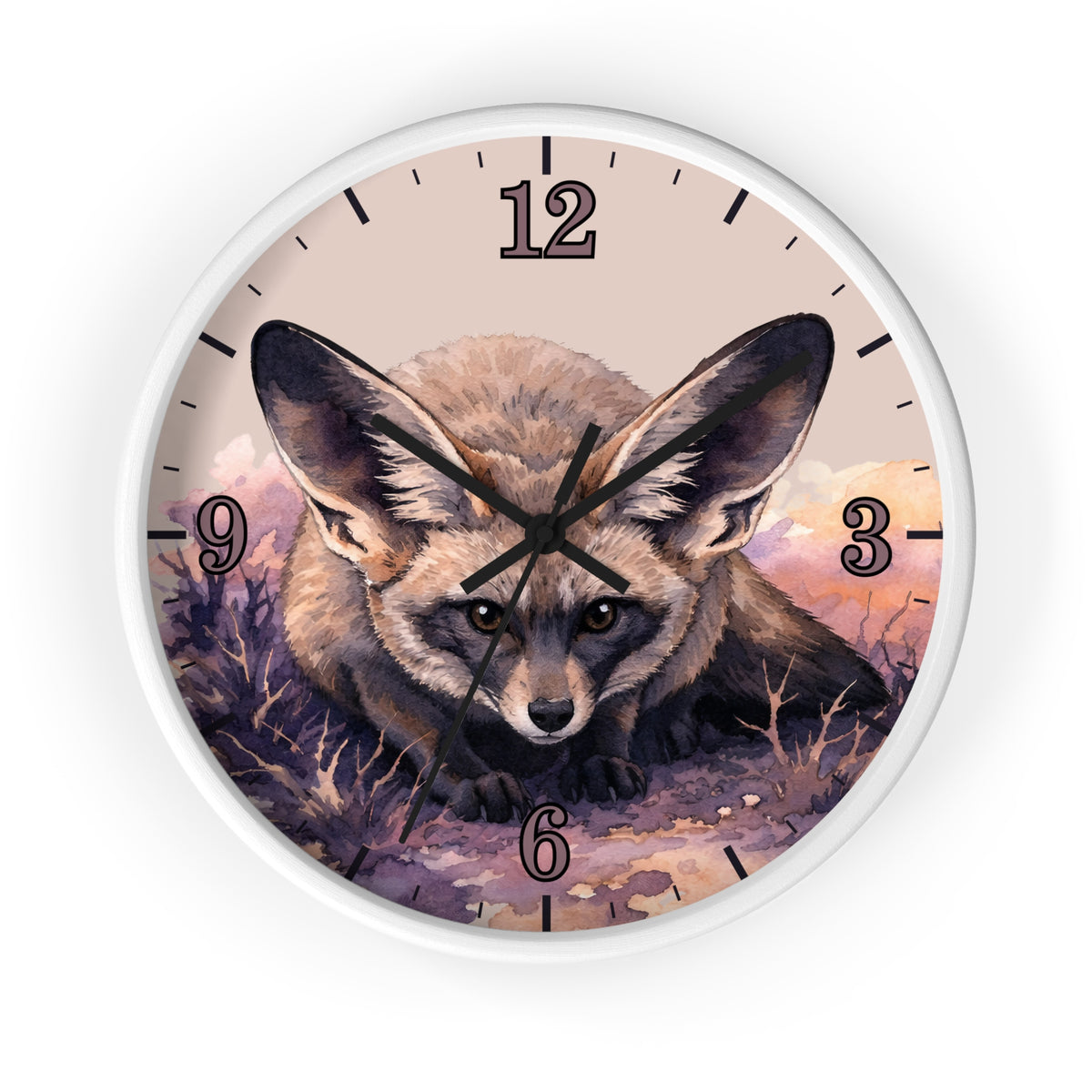 A round wall clock with a white frame and a printed illustration of a large-eared fox on the face, set against a plain white background.
