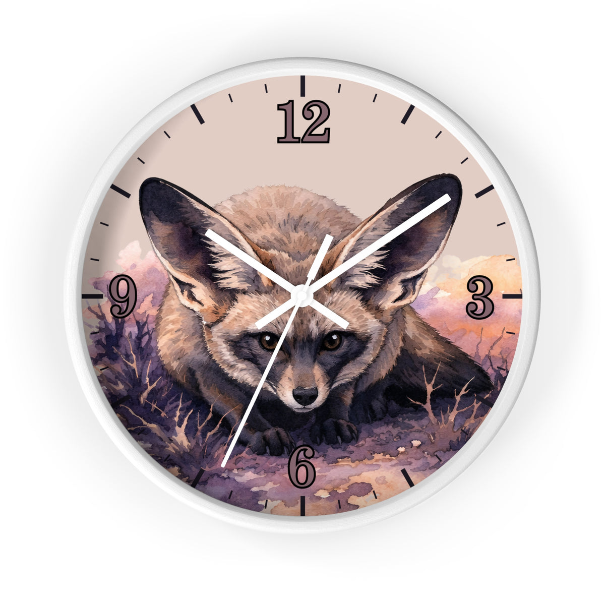 A round wall clock with a white frame and a printed illustration of a fox on the face, featuring black Arabic numerals and white clock hands against a light beige background.